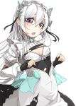  1girl breasts chaika_trabant cleavage fingerless_gloves gloves grey_eyes hairband hitsugi_no_chaika lolita_hairband long_hair looking_at_viewer open_mouth rindou_(faker&#039;s_manual) silver_hair simple_background solo white_background 