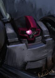  absurdres commentary_request dom_(mobile_suit) glowing glowing_eye gundam highres looking_at_viewer magmastudio mecha mecha_focus mobile_suit mobile_suit_gundam no_humans one-eyed portrait robot science_fiction signature solo violet_eyes 