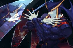  1boy biceps black_background blood blue_skin blue_suit closed_mouth colored_skin crossed_arms different_reflection fingernails formal_clothes jacket jedah_dohma long_fingernails male_focus mirror multiple_views muscular muscular_male protected_link red_eyes red_nails reflection rozavamp school_uniform serious sharp_fingernails simple_background suit upper_body vampire veins wings 