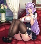  1girl black_legwear blush breasts brown_panties cleavage couch curtains demon_girl demon_horns finger_to_mouth flower garter_straps highres horns houtengeki long_hair maid maid_headdress mary_janes original panties plant pointy_ears potted_plant purple_hair shoes sitting smile solo thigh-highs underwear vase violet_eyes window wrist_cuffs 