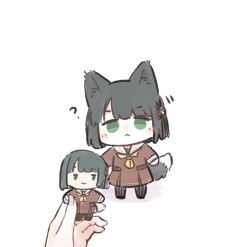 2girls :< ? animal_ears anyoji_hime ao_kaeru black_hair black_pantyhose blunt_bangs blunt_ends bob_cut brown_dress character_doll chibi closed_mouth doll dress female_pov fox_ears fox_girl fox_tail frown green_eyes hasu_no_sora_school_uniform holding holding_doll kemonomimi_mode link!_like!_love_live! long_sleeves looking_at_viewer love_live! medium_dress momose_ginko multiple_girls neckerchief pantyhose pink_nails pleated_dress pov pov_hands sailor_collar sailor_dress school_uniform sega_lucky_lottery_mascot_doll_(link!_like!_love_live!) short_hair simple_background solo_focus tail virtual_youtuber white_background white_sailor_collar winter_uniform yellow_neckerchief 
