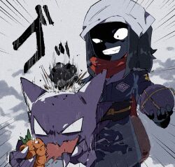  1girl akari_(pokemon) aya_(ayamenora) berry_(pokemon) black_hair black_skin blank_eyes colored_skin commentary_request criminal_(meitantei_conan) emphasis_lines evil_grin evil_smile film_grain food fruit galaxy_team_survey_corps_uniform ghost grin haunter headscarf hisuian_heavy_ball hitting holding holding_food holding_fruit holding_poke_ball long_hair meitantei_conan poke_ball pokemon pokemon_(creature) pokemon_legends:_arceus ponytail red_scarf sash scarf shirt sidelocks smile smoke uneven_eyes white_headscarf 