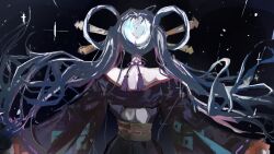  1girl back_cutout bare_shoulders cho_kaguya-hime! clothing_cutout commentary from_behind hair_ornament hair_rings hair_stick halterneck highres kouda_(watasikouda) long_hair long_sleeves multicolored_hair pink_hair runami_yachiyo solo twintails upper_body very_long_hair white_hair wide_sleeves 