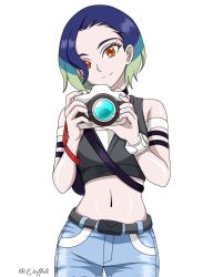  1girl armband bare_shoulders black_armband black_choker blue_hair bob_cut brown_eyes camera choker collarbone corrupted_twitter_file crop_top denim gradient_hair grey_shirt highres holding holding_camera jeans l_toffoli loose_hair_strand midriff multicolored_hair off-shoulder_shirt off_shoulder pants perrin_(pokemon) photographer pokemon pokemon_scarlet_and_violet ribbed_shirt shirt short_hair sleeveless sleeveless_shirt solo undershirt v-neck watch watch 