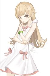  1girl back_bow bare_shoulders biting_own_finger blonde_hair bow bracelet collarbone commentary cowboy_shot dress dress_ribbon elbow_rest finger_to_mouth highres howe_(howe_lib) jewelry layered_dress long_hair looking_at_viewer monogatari_(series) oshino_shinobu pink_ribbon pointy_ears ribbon sleeveless sleeveless_dress solo spiky_hair untranslatable_commentary white_background white_dress yellow_eyes 