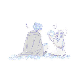  1boy 1girl blue_hair boots brown_boots capelet cloak commentary_request dress elf field flower flower_field flower_wreath frieren grey_cloak head_wreath highres himmel_(sousou_no_frieren) holding jewelry long_hair long_sleeves nemophila_(flower) pointy_ears sachinyopo simple_background sitting sousou_no_frieren translation_request twintails white_background white_capelet white_dress 