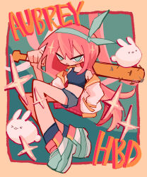  1girl absurdres aubrey_(faraway)_(omori) aubrey_(omori) baseball_bat black_socks blue_eyes bow_hairband character_name chibi commentary_request crop_top forest_bunny_(omori) hairband happy_birthday highres holding holding_baseball_bat jacket long_hair looking_at_viewer nail_(hardware) nail_bat ninini_(happy_goody115) omori open_clothes open_jacket open_mouth pink_hair shoes sneakers socks solo white_jacket 