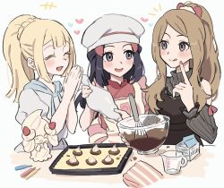  +++ 3girls :d alcremie alcremie_(strawberry_sweet) baking_sheet black_hair blonde_hair blush brown_hair chef_hat chocolate closed_eyes commentary_request dawn_(palentine's_2021)_(pokemon) drink_carton hair_ornament hairclip hand_up hands_up hat heart hikari_(pokemon) index_finger_raised kuru_(4rfw7) lillie_(pokemon) long_hair milk_carton mixing_bowl multiple_girls nail_polish official_alternate_costume open_mouth own_hands_together parted_bangs pokemon pokemon_(creature) pokemon_masters_ex pokemon_sun_and_moon ponytail serena_(palentine's_2021)_(pokemon) serena_(pokemon) shirt sidelocks sideocks smile whisk white_hat 