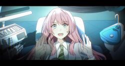  1girl artist_request bang_dream! bang_dream!_it's_mygo!!!!! chromatic_aberration commentary_request commission dentist diagonal-striped_clothes diagonal-striped_necktie fang grey_eyes grey_jacket hands_up haneoka_school_uniform head_wings highres jacket long_hair nagasaki_soyo necktie open_mouth pink_hair school_uniform second-party_source shadow solo_focus striped_clothes sweatdrop teeth upper_teeth_only wings 