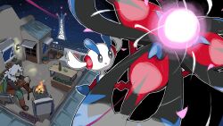  1boy az_(pokemon) black_shoes blacknirrow bottle building cane chair closed_mouth commentary couch door energy english_commentary fire floette floette_(eternal) hair_over_one_eye highres holding holding_cane in-universe_location long_hair long_sleeves mega_floette mega_pokemon night old old_man on_chair on_rooftop open_mouth outline plant planter pokemon pokemon_(creature) pokemon_focus pokemon_legends:_z-a potted_plant prism_tower shoes sitting sky smile star_(sky) starry_sky table tower wall_lamp watering_can white_hair white_outline window wooden_table 