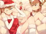  ahoge animal_costume antlers brown_eyes brown_hair hat last_order misaka_imouto misaka_mikoto one_eye_closed reindeer_antlers reindeer_costume santa_costume santa_hat to_aru_majutsu_no_index tomato_(lsj44867) 