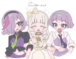  :d ^_^ bare_shoulders black_hairband black_shirt blonde_hair blue_hairband blunt_bangs blush choker closed_eyes collarbone collared_shirt commentary_request dark_chii dot_nose dress fang green_choker green_necktie hairband himitsu_no_aipri locked_arms long_hair mamiya_chii multicolored_hair necktie open_mouth pink_streaks pnt_0202 pretty_series purple_hair purple_necktie shirt short_hair simple_background smile streaked_hair suzukaze_tsumugi_(princess_aipri) sweat translation_request upper_body violet_eyes white_background white_shirt yellow_dress 