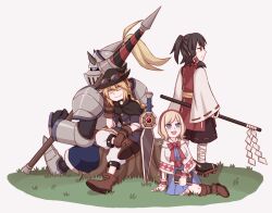  1girl 1other 2boys adapted_costume alice_margatroid alternate_costume armor arrow_(projectile) bandaged_leg bandages black_hat blonde_hair blue_dress blue_eyes book boots bow bow_(weapon) bowtie braid brown_boots commentary_request crossed_legs dress eyewear_on_headwear full_armor genderswap genderswap_(ftm) geta gohei goliath_doll grass grimoire grimoire_of_alice hair_tubes hakurei_reimu hat holding holding_book holding_bow_(weapon) holding_gohei holding_polearm holding_weapon kirisame_marisa kiryuu_soma lance looking_at_viewer multiple_boys on_ground open_mouth pants polearm red_bow red_bowtie revision side_braid single_braid sitting smile sword touhou tree_stump weapon white_pants 