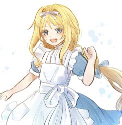  1girl :d alice_zuberg blonde_hair blue_dress blue_eyes blue_ribbon braid braided_ponytail child commentary dress ewanko_05 floating_hair frilled_dress frills hair_ribbon hand_up highres long_dress long_hair open_mouth ribbon short_sleeves simple_background smile solo sword_art_online sword_art_online:_alicization teeth tongue turtleneck turtleneck_dress two-tone_dress upper_teeth_only white_background white_dress white_ribbon 