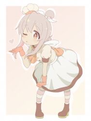  1girl ahoge alternate_costume alternate_hairstyle ascot blowing_kiss bow brown_eyes brown_shoes commentary_request full_body gloves grey_hair hair_bow hair_bun hat heart high_heels highres holding_own_skirt leaning_forward looking_at_viewer mini_hat one_eye_closed onii-chan_wa_oshimai! orange_ascot orange_gloves oyama_mahiro parted_lips pigeon-toed puffy_short_sleeves puffy_sleeves rtbspecter shoes short_sleeves simple_background skirt solo standing striped_clothes striped_thighhighs thigh-highs tilted_headwear white_bow 