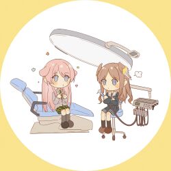  2girls absurdres animal_ears artist_request bang_dream! bang_dream!_it's_mygo!!!!! black_shoes black_socks blue_eyes blue_shirt blue_skirt brown_hair brown_shoes chair chihaya_anon chinese_commentary commentary_request commission crossed_arms dentist diagonal-striped_clothes diagonal-striped_necktie dog_ears dog_girl green_skirt grey_jacket grey_socks haneoka_school_uniform head_wings highres jacket kemonomimi_mode long_hair multiple_girls nagasaki_soyo necktie pink_hair plaid_clothes plaid_skirt pleated_skirt pout school_uniform second-party_source shirt shoes sidelocks sitting skirt socks striped_clothes tsukinomori_school_uniform wings 