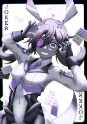  1girl absurdres black_gloves black_hair brown_hair collared_shirt dark-skinned_female dark_skin futoshi_(futoshidao) gloves hair_between_eyes headgear highres jacket long_hair long_sleeves looking_at_viewer necktie purple_necktie shirt simple_background smile solo tower_of_fantasy twintails umi_(tower_of_fantasy) violet_eyes white_jacket white_shirt 
