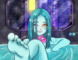  1girl absurdres barefoot bath building city_lights cropped_legs cyberpunk cyberpunk:_edgerunners cyberpunk_(series) elmegas feet highres pink_tattoo rebecca_(cyberpunk) smile toes wet wet_hair window 