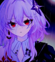  amanume bare_shoulders close-up commentary evernight_(honkai:_star_rail) hair_between_eyes hair_ornament hairclip highres honkai:_star_rail honkai_(series) march_7th_(honkai:_star_rail) medium_hair rain red_eyes serious shirt violet_eyes wet white_shirt 