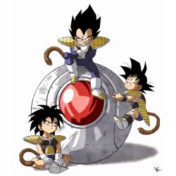  3boys aged_down armor black_hair black_shorts blue_bodysuit bodysuit boots broly_(dragon_ball_super) dragon_ball dragon_ball_minus dragon_ball_super dragon_ball_super_broly full_body gloves grin highres kakeru_(dbskakeru) looking_at_another male_focus monkey_tail multiple_boys saiyan_armor shorts signature sitting smile son_goku spacecraft spiky_hair tail toriyama_akira_(style) vegeta white_background white_boots white_gloves 