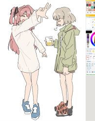  2girls art_program_in_frame black_ribbon black_shoes blue_shoes closed_eyes cup dress drunk green_jacket grey_hair hair_ribbon holding holding_cup jacket kamiina_botan kamiina_botan_yoeru_sugata_wa_yuri_no_hana kataya_mine long_hair multiple_girls open_mouth pink_hair ribbon shoes short_hair simple_background smile sweater sweater_dress tonami_ibuki two_side_up w white_background white_sweater 
