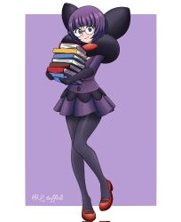  1girl black_gloves black_pantyhose black_shawl blunt_bangs book book_stack bowl_cut elbow_gloves glasses gloves grey_eyes highres holding holding_book knees_together_feet_apart l_toffoli looking_at_viewer mary_janes miniskirt outside_border pantyhose pokemon pokemon_black_and_white purple_background purple_hair purple_shirt purple_skirt red_shoes shauntal_(pokemon) shawl shirt shoes short_hair skirt smile solo twitter_username 