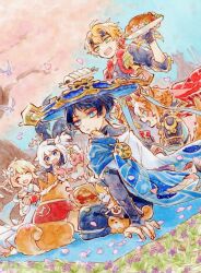  2girls 3boys ahoge animal_ears animal_on_shoulder aqua_eyes armor bird bird_on_shoulder black_bodysuit black_gloves black_hair black_horns black_shirt black_shorts blonde_hair blue_cape blue_eyes blue_hat blue_jingasa blue_sky blue_sleeves blunt_ends blush bodysuit bridal_gauntlets bridge bright_pupils brown_hair cape cherry_blossoms choppy_bangs clear_sky closed_eyes commentary_request crystalfly_(genshin_impact) cup dango diamond_hair_ornament dog_boy dog_ears dog_tags dog_tail dress eyelashes eyeliner fake_horns falling_petals fang finch fingerless_gloves fingernails flower food food_wrapper forehead_protector genshin_impact gloves gold gold_ring gorou_(genshin_impact) grass green_eyes grey_bridal_gauntlets haidate hair_flower hair_ornament halo halterneck hat holding holding_cup holding_plate holding_skewer horns jacket japanese_armor japanese_clothes jingasa kimono kote kurokote layered_sleeves light_blush long_sleeves looking_to_the_side lumine_(genshin_impact) makeup mechanical_halo medium_hair middle_ring mora_meat_(genshin_impact) multicolored_hair multiple_boys multiple_girls onigiri open_mouth outdoors paimon_(genshin_impact) petals picnic_blanket pink_halo pink_petals plate purple_flower red_eyeliner red_jacket roast_chicken romper rosas sanshoku_dango scaramouche_(genshin_impact) scarf serving shiba_inu shirt short_hair short_hair_with_long_locks short_sleeves shorts shoulder_armor side_cape sidelocks sitting skewer skin_fang sky sleeveless sleeveless_jacket sode standing streaked_hair sweatdrop tail taroumaru_(genshin_impact) tassel thoma_(genshin_impact) three-quarter_sleeves tree tsurime turtleneck turtleneck_bodysuit undershirt vambraces wagashi wanderer_(genshin_impact) white_dress white_flower white_hair white_kimono white_pupils white_romper white_scarf white_sleeves white_trim 