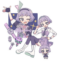  1girl :d ;d arm_up black_gloves black_hairband black_necktie black_shirt black_thighhighs blue_hairband blunt_bangs blush boots chibi collared_shirt commentary_request cropped_torso dot_nose fang fingerless_gloves gloves hairband hand_up himitsu_no_aipri long_sleeves looking_at_viewer mamiya_chii multiple_views necktie one_eye_closed open_mouth pleated_skirt pnt_0202 pretty_series purple_hair purple_skirt shirt short_hair short_sleeves skirt smile thigh-highs violet_eyes watch watch white_boots white_shirt 