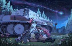  3girls absurdres aochoku armband black_boots black_coat black_halo black_hat black_horns black_jacket black_necktie black_shirt black_skirt blonde_hair blue_archive blue_eyes blue_sky boots breasts coat coat_on_shoulders collared_shirt commentary commission curved_horns demon_girl demon_horns english_commentary flower fluffy_hair gloves gradient_halo gradient_horns grass grey_hair hair_over_one_eye halo hand_on_another's_head hat highres horns ibuki_(blue_archive) iroha_(blue_archive) jacket lap_pillow large_breasts leaning_on_person long_hair looking_up loose_necktie makoto_(blue_archive) military_vehicle motor_vehicle mountainous_horizon multicolored_halo multicolored_horns multiple_girls multiple_horns necktie night on_ground open_collar outdoors pantyhose peaked_cap peroro_(blue_archive) pink_flower pointy_ears red_armband red_hair red_halo red_horns red_necktie ring_of_light_(blue_archive) second-party_source shirt shooting_star sitting skirt sky sleeping smile star_(sky) starry_sky stuffed_toy tank tiger_i tree two-tone_halo two-tone_horns very_long_hair white_gloves white_shirt yellow_boots yellow_flower 