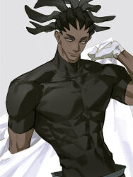  1boy 77ho abs arkha_corvus black_hair black_shirt closed_mouth coat compression_shirt covered_abs covered_pectorals dark-skinned_male dark_skin dreadlocks earclip gachiakuta gloves grey_background grey_eyes highres looking_at_viewer male_focus pectorals removing_coat shirt simple_background smile solo toned toned_male upper_body white_coat white_gloves 