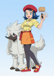  1girl :d bag beret black_leggings blue_background blue_eyes blue_hair collared_shirt commentary_request eyelashes furfrou hair_ornament hairclip hat holding holding_brush jessica_(pokemon) knees leggings medium_hair miraa_(chikurin) open_mouth pokemon pokemon_(anime) pokemon_(creature) pokemon_the_series:_xy red_bag red_hat red_shoes shirt shoes short_sleeves sidelocks skirt smile standing stirrup_legwear tied_shirt toeless_legwear undershirt yellow_shirt 