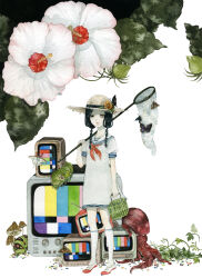  1girl absurdres black_eyes black_hair braid bug butterfly butterfly_net caterpillar commentary crt diorama dress flower full_body hand_net hat hibiscus highres holding jitome leaf looking_at_viewer medium_hair mushroom original painting_(medium) parted_lips pinkxxxna sailor sailor_dress shoes solo sprout standing sun_hat sunflower television traditional_media twin_braids watercolor_(medium) white_background white_flower 