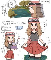  1girl bag blush brown_hair collared_shirt commentary_request eyewear_on_headwear goomy grey_eyes hat heart highres kuru_(4rfw7) leaf long_hair open_mouth pink_bag pink_hat pleated_skirt pokemon pokemon_(creature) pokemon_x_and_y raised_inner_eyebrows red_skirt serena_(pokemon) shirt skirt sleeveless sleeveless_shirt spoken_heart sunglasses sweatdrop thigh-highs translation_request tree wading water 