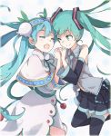  2girls aqua_eyes aqua_hair capelet closed_eyes dual_persona face-to-face hair_ribbon hairband hatsune_miku highres interlocked_fingers leg_up long_hair multiple_girls one_eye_closed ribbon skirt smile tomato_(lsj44867) twintails vocaloid winter_clothes 