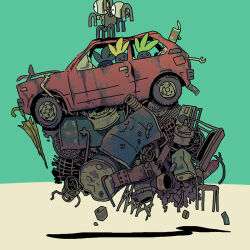  can car chair closed_umbrella commentary crowbar debris desk drum_(container) fire_extinguisher floating lead_pipe magnet magneton manhole_cover motor_vehicle no_humans oddish pokemon pokemon_(creature) saboteri_(savot) school_desk shadow umbrella wrench 