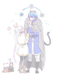  ? absurdres animal_ears black_pantyhose boots brown_boots capelet cat_ears cat_tail commentary_request elf fake_animal_ears frieren grey_cloak height_difference highres himmel_(sousou_no_frieren) long_hair long_sleeves multiple_boys pantyhose pointy_ears rabbit_ears rabbit_tail sachinyopo skirt sousou_no_frieren spoken_character spoken_question_mark tail twintails white_background white_capelet white_skirt 