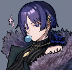  1boy alternate_costume black_shirt blunt_ends casual chewing_gum choppy_bangs coat contemporary ear_piercing earrings eyeliner fur-trimmed_coat fur_trim genshin_impact gold_earrings gold_necklace grey_background grey_coat grey_pupils half-closed_eyes jewelry looking_at_viewer makeup male_focus necklace nonoji_(nonoji_ekaki) open_clothes open_coat parted_bangs piercing portrait purple_hair red_eyeliner ribbed_shirt scaramouche_(genshin_impact) shirt shoulder_peek solo tsurime turtleneck turtleneck_shirt violet_eyes wanderer_(genshin_impact) 