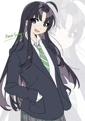  1girl absurdres ahoge awa_subaru black_hair black_jacket blush character_name collared_shirt commentary diagonal-striped_clothes diagonal-striped_necktie girls_band_cry green_necktie hands_in_pockets highres jacket long_hair necktie open_mouth parted_bangs school_uniform shirt sidelocks striped_clothes untranslatable_commentary violet_eyes white_shirt yoru_(yqoayqoa10) zoom_layer 