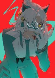  1girl animal_ears aqua_jacket aqua_necktie aqua_pants aqua_suit aqua_tail bell blood blood_from_mouth blood_on_face blood_on_gloves broken_mask clawed_gloves claws commentary energy_tail eye_mask fang fox_ears fox_girl fox_tail fur-trimmed_bodysuit gloves hair_bell hair_bun hair_ornament haji_(haji07lo) highres jacket kitsune kyuubi marvel marvel_rivals mask multiple_tails nails_visible_through_gloves necktie one_eye_covered open_clothes open_jacket pants red_background shirt single_hair_bun solo suit tail teeth tiger_division white_fox_(marvel) white_gloves white_hair white_shirt yellow_eyes 