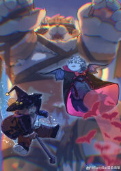  3boys absurdres artist_request bat_(animal) bear_boy broom broom_riding cat_boy chinese_commentary claws commentary_request copyright_name dog_boy er_tao_(furrybar) flying furry furry_male furrybar giant halloween halloween_costume hat highres looking_at_another male_focus mao_chen_(furrybar) multiple_boys mummy_costume outstretched_arms pawpads vampire_costume watermark weibo_username weibo_watermark witch witch_hat zhenming_(furrybar) 