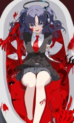  1girl 218_(niiya) absurdres bath bath_of_blood bathtub black_jacket blood blood_on_face blood_writing bloodbath_(project_moon) blue_archive body_writing collared_shirt commentary_request crossover e.g.o_(project_moon) from_above grey_skirt halo highres jacket library_of_ruina lobotomy_corporation name_tag necktie parted_bangs partially_submerged pleated_skirt project_moon purple_hair reclining red_necktie shirt sidelocks skirt thigh_gap two_side_up v-shaped_eyebrows white_shirt wrist_cutter_(e.g.o) yuuka_(blue_archive) 
