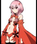 1girl bare_shoulders black_legwear breasts bridal_gauntlets center_opening cleavage detached_sleeves elbow_gloves gloves guilty_crown hair_ornament hairclip long_hair navel pink_hair red_eyes solo thigh-highs twintails yuzuriha_inori 