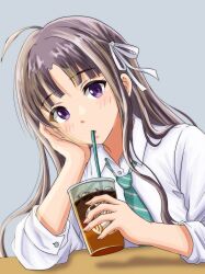  1girl absurdres ahoge awa_subaru black_hair blue_necktie commentary cup diagonal-striped_clothes diagonal-striped_necktie dress drinking_straw drinking_straw_in_mouth girls_band_cry hair_ribbon highres holding holding_cup long_hair looking_at_viewer macqueen7777 necktie one-hour_drawing_challenge parted_bangs ribbon shirt sidelocks solo starbucks striped_clothes three-quarter_sleeves violet_eyes white_ribbon white_shirt 