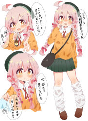  1girl :d :t absurdres ahoge alternate_costume alternate_hairstyle bag beret blush bow braid brown_shoes casual commentary dot_nose green_hat green_skirt hair_between_eyes hair_bow hat highres holding holding_spoon jacket long_hair long_sleeves looking_at_viewer loose_socks miniskirt multiple_views namamugi2345 neck_ribbon nose_blush onii-chan_wa_oshimai! open_mouth orange_eyes orange_jacket oyama_mahiro pink_hair pleated_skirt pout red_bow red_ribbon ribbon shirt shoes shoulder_bag simple_background skirt smile socks spoon translated twin_braids white_background white_shirt zettai_ryouiki 