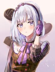  1girl :| alternate_hair_length_(shorter) arm_up black_bow black_sash black_sleeves blue_gem blunt_bangs blurry blurry_background blush bob_cut bow breasts brown_dress candle_no_kaori_wa_omoide_to_tomo_ni_(project_sekai) candy chocolate closed_mouth commentary_request dot_nose dress ear_blush earrings floral_print food gem gloves grey_hair hand_on_own_ear heart heart-shaped_chocolate heart-shaped_food heart_print highres jewelry leaning_to_the_side light_blush long_sleeves looking_to_the_side official_alternate_costume official_alternate_hairstyle project_sekai purple_gloves purple_ribbon red_gem ribbon rose_print sabino sash short_hair simple_background small_breasts solo upper_body valentine vertical-striped_sleeves violet_eyes white_background yoisaki_kanade 