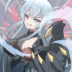  1girl ahoge black_gauntlets blue_dress blue_eyes breasts clawed_gauntlets dress gauntlets general_geega grey_hair heterochromia highres huge_ahoge kinuge_mouse large_breasts leotard long_hair looking_at_viewer pointy_ears reaching reaching_towards_viewer red_eyes see-through_cleavage see-through_clothes see-through_leotard sideboob single_gauntlet virtual_youtuber vshojo 