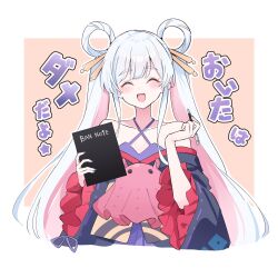  1girl ^_^ bare_shoulders blush book cho_kaguya-hime! closed_eyes collarbone commentary_request cropped_torso death_note_(object) english_text facing_viewer hair_rings halterneck highres holding holding_book holding_pen long_hair mola_mola open_mouth parody pen pink_hair runami_yachiyo smile solo translation_request twintails upper_body white_hair wide_sleeves 
