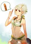  1girl alternate_costume bare_shoulders breasts cleavage denim denim_shorts front-tie_top hair_up highres league_of_legends looking_to_the_side midriff red_eyes riven_(league_of_legends) serious short_hair shorts solo translation_request white_hair yosuki_(yo_sukan) 