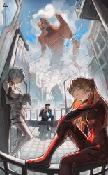  1boy 2girls ayanami_rei black_hair blue_bodysuit blue_eyes blue_hair blue_sky bodysuit breasts brown_hair building city closed_eyes closed_mouth clouds cloudy_sky commentary cumulonimbus_cloud day elbow_rest eva_02 evangelion_(mecha) extra_eyes green_eyes hair_between_eyes hairpods head_rest highres ikari_shinji interface_headset_(evangelion) lamppost long_hair looking_at_viewer mecha mecha_pilot_suit medium_breasts multicolored_bodysuit multiple_girls neon_genesis_evangelion outdoors plugsuit_(evangelion) railing red_bodysuit robot science_fiction shitakara4 short_hair sitting skin_tight sky skyscraper smile souryuu_asuka_langley standing super_robot twitter_username two-tone_bodysuit white_bodysuit 