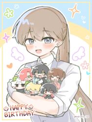  >_< 1girl 6+boys :d antenna_hair black_eyes black_hair blonde_hair blush brown_hair cardigan closed_eyes collared_shirt crossed_arms drawn_wings dress_shirt earrings everyone gift gloves green_eyes green_sweater grey_eyes grey_gloves grey_necktie grey_vest happy_birthday holding holding_chibi holding_gift jewelry jitome long_hair looking_at_another looking_at_viewer looking_up mini_person mitsudomoe_koubou_(series) multicolored_hair multiple_boys necktie nekomiya_168 no_mouth oshi_no_taisetsuna_hito_ni_narikawaru pink_cardigan ponytail red_eyes red_hair shirt sleeves_past_fingers sleeves_past_wrists sleeves_rolled_up smile stud_earrings sweater twintails two-tone_hair upper_body very_long_hair vest white_hair white_shirt yellow_eyes 